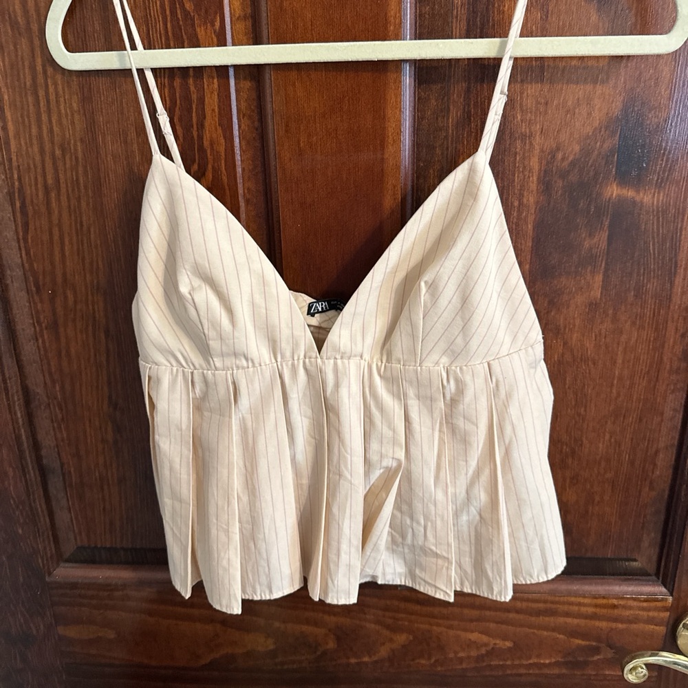 Zara Beige Pinstripe Pleated Camisole